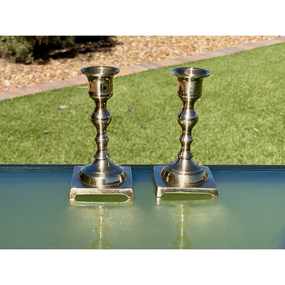 2 Vintage Taper Solid Brass Candlestick Holders w/ Square Footed Base India